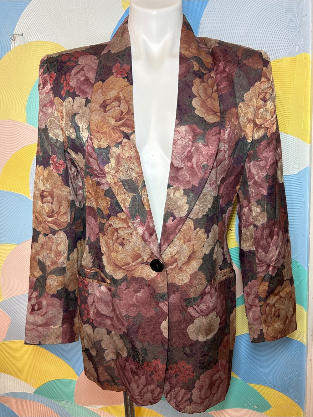 Vintage Causal Corner Floral Single-Button Blazer Jacket - Multi/Brown sz 8